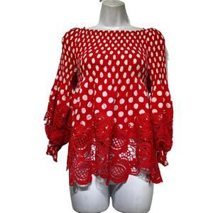 petal roz red white polka dot crochet ruffle smocked rockabilly blouse Size S